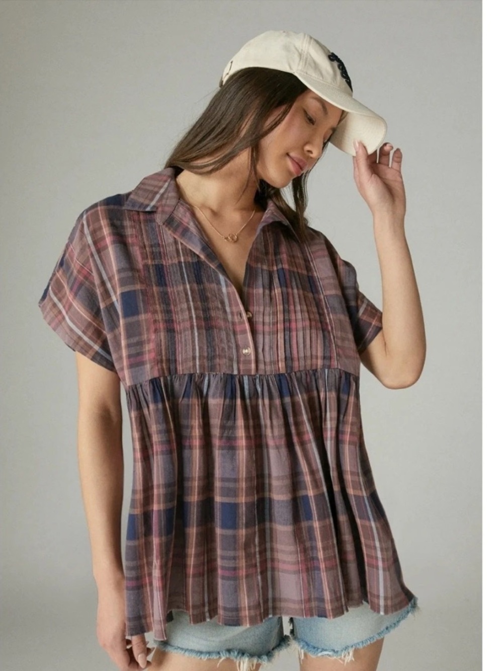Lucky Brand Babydoll Peasant Top Plaid XS